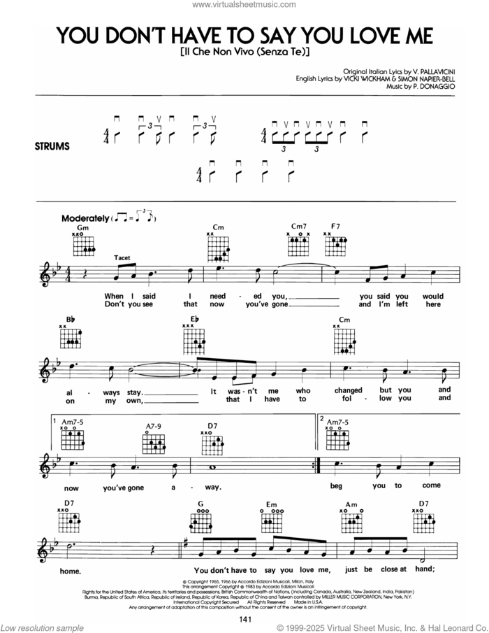 You Don't Have To Say You Love Me sheet music for guitar solo (chords) by Elvis Presley, P. Donaggio, Simon Napier-Bell, V. Pallavicini and Vicki Wickham, easy guitar (chords)