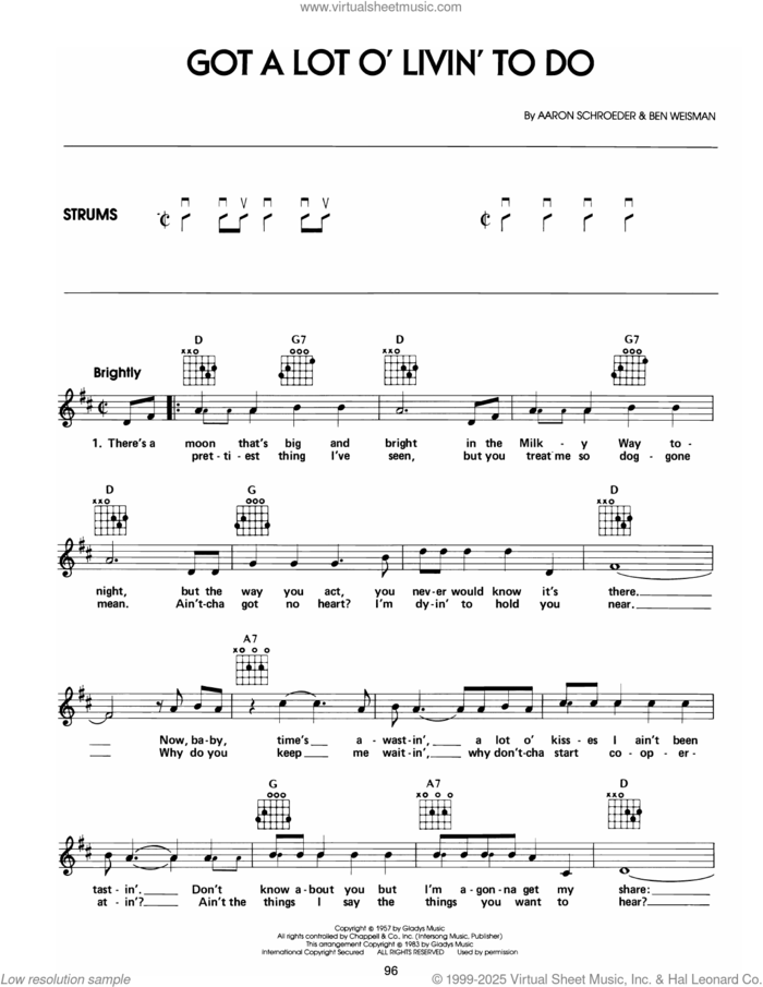 Got A Lot O' Livin' To Do sheet music for guitar solo (chords) by Elvis Presley, Aaron Schroeder and Ben Weisman, easy guitar (chords)