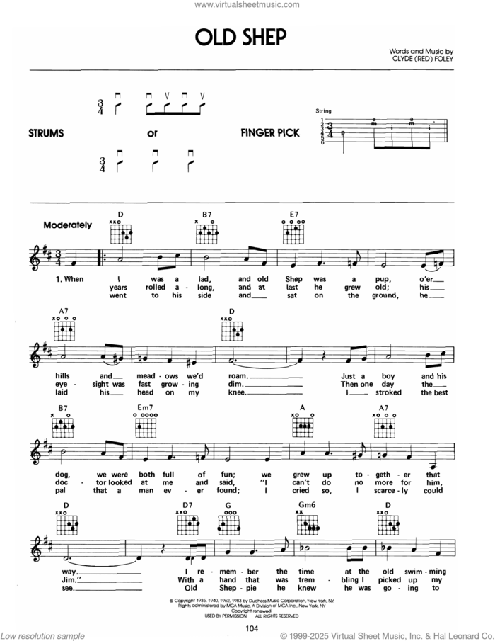 Old Shep sheet music for guitar solo (chords) by Elvis Presley, Arthur Willis and Clyde 'Red' Foley, easy guitar (chords)