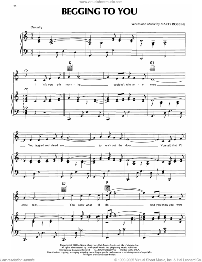Begging To You sheet music for voice, piano or guitar by Marty Robbins, intermediate skill level