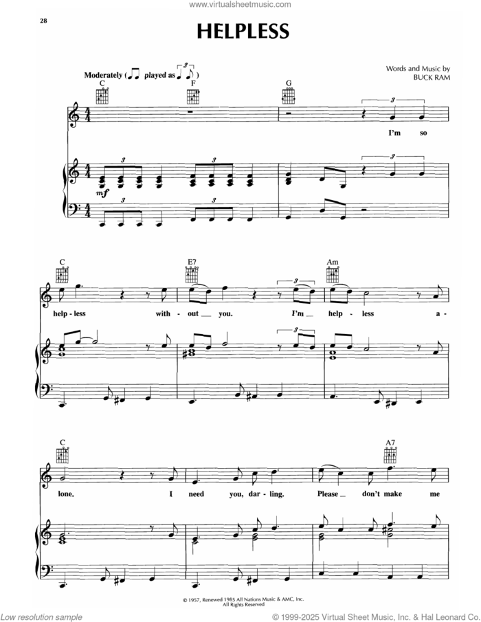 Helpless sheet music for voice, piano or guitar by Platters and Buck Ram, intermediate skill level