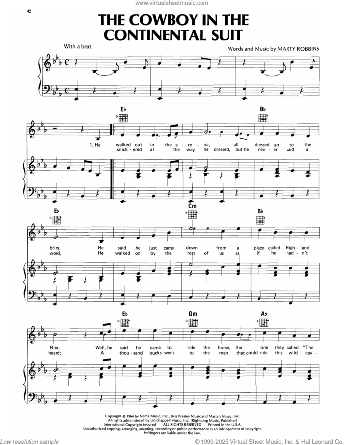 The Cowboy In The Continental Suit sheet music for voice, piano or guitar by Marty Robbins, intermediate skill level