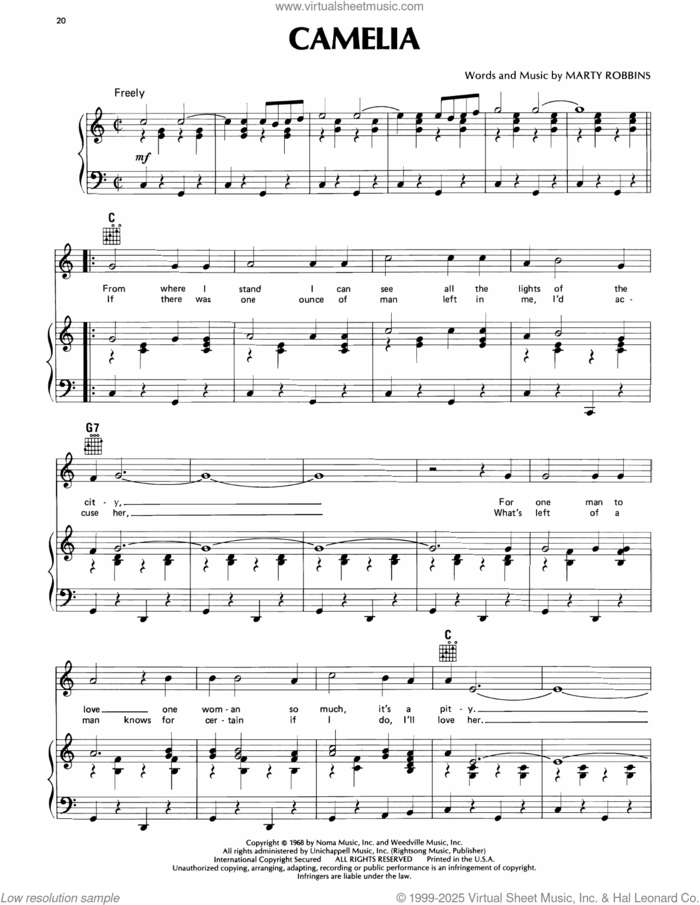 Camelia sheet music for voice, piano or guitar by Marty Robbins, intermediate skill level
