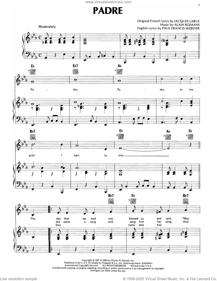 Padre sheet music for voice, piano or guitar by Marty Robbins, Alain Romans, Jacques Larue and Paul Francis Webster, intermediate skill level