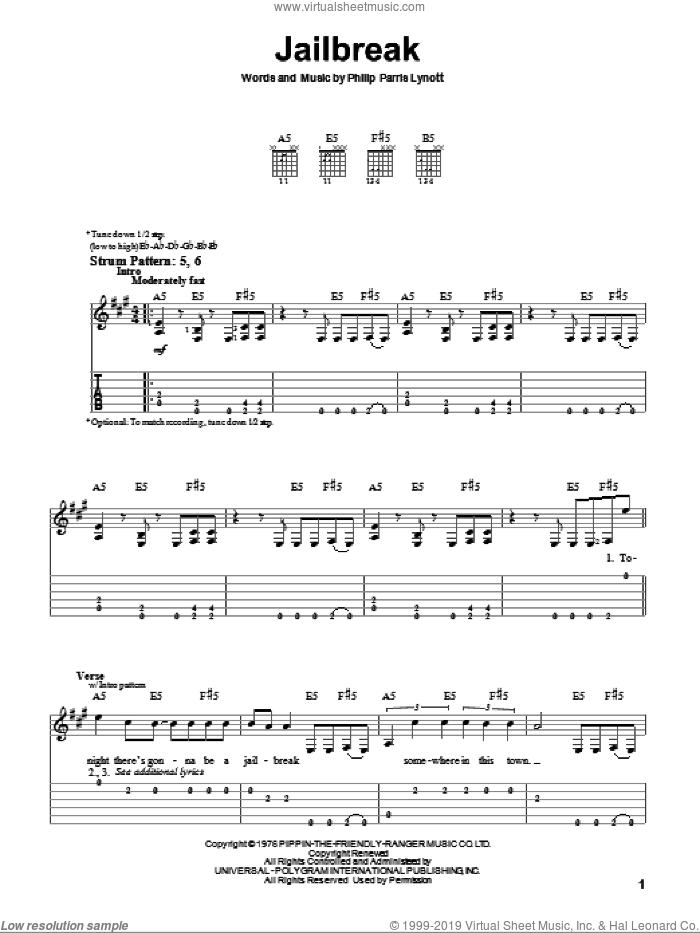 Jailbreak sheet music for guitar solo (easy tablature) by Thin Lizzy and Phil Lynott, easy guitar (easy tablature)