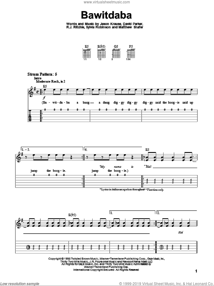 Bawitdaba sheet music for guitar solo (easy tablature) by Kid Rock, David Parker, Jason Krause, Matthew Shafer, R.J. Ritchie and Sylvia Robinson, easy guitar (easy tablature)