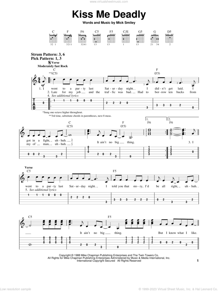 Kiss Me Deadly sheet music for guitar solo (easy tablature) by Lita Ford and Mick Smiley, easy guitar (easy tablature)
