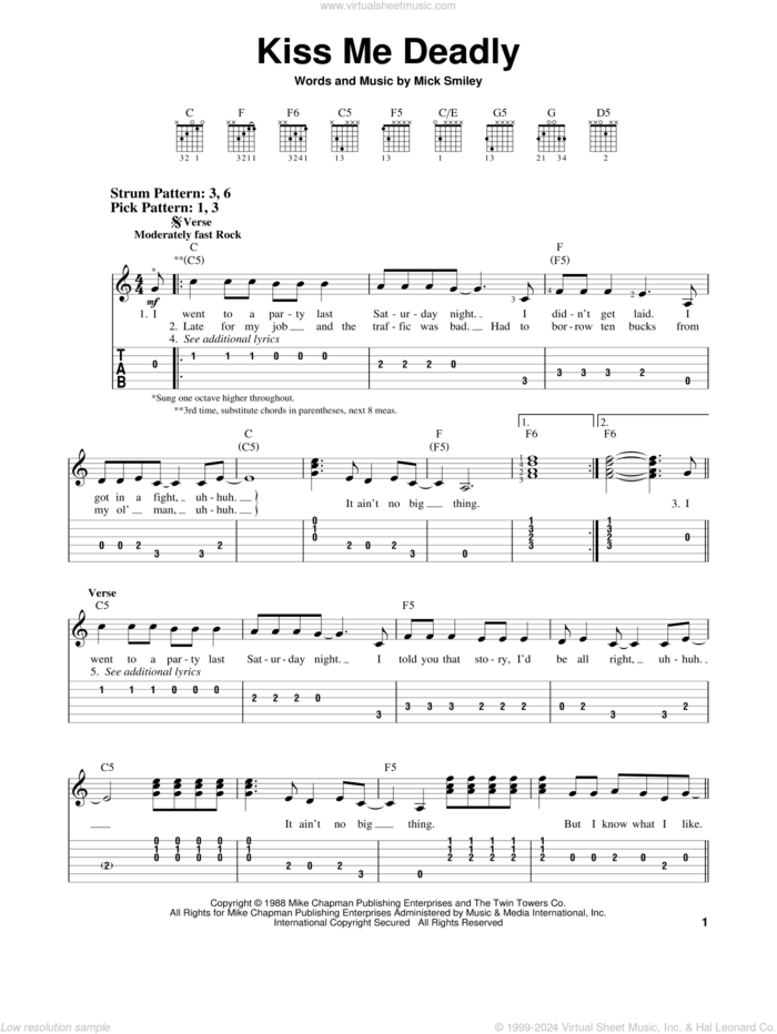 Kiss Me Deadly sheet music for guitar solo (easy tablature) by Lita Ford and Mick Smiley, easy guitar (easy tablature)