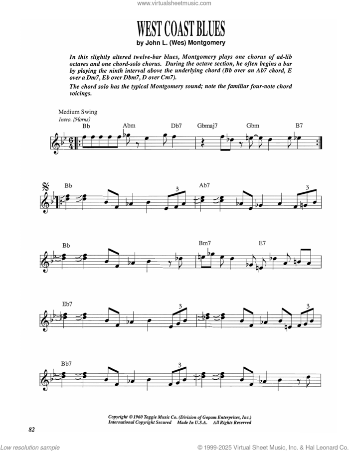 West Coast Blues sheet music for electric guitar (transcription) by Wes Montgomery and Sascha Burland, intermediate skill level