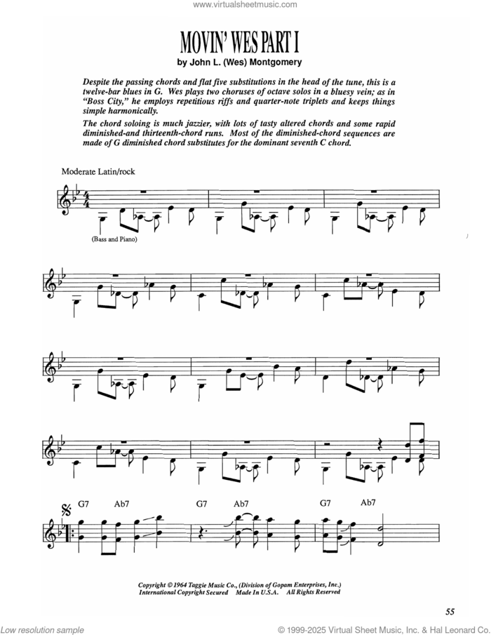 Movin' Wes Part I sheet music for electric guitar (transcription) by Wes Montgomery and Wes Montgomery, intermediate skill level