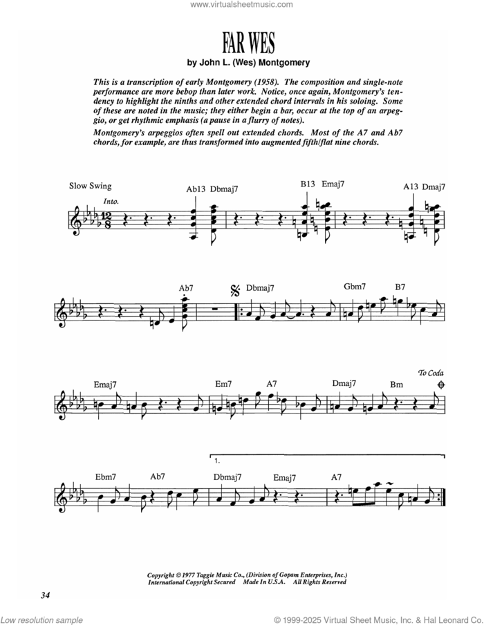 Far Wes sheet music for electric guitar (transcription) by Wes Montgomery and Wes Montgomery, intermediate skill level