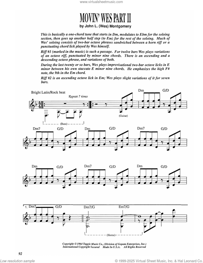 Movin' Wes Part II sheet music for electric guitar (transcription) by Wes Montgomery and Wes Montgomery, intermediate skill level