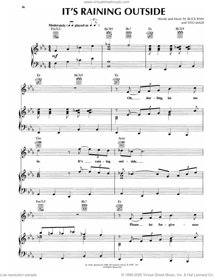 It's Raining Outside sheet music for voice, piano or guitar by Platters, Buck Ram and Tito Madi, intermediate skill level