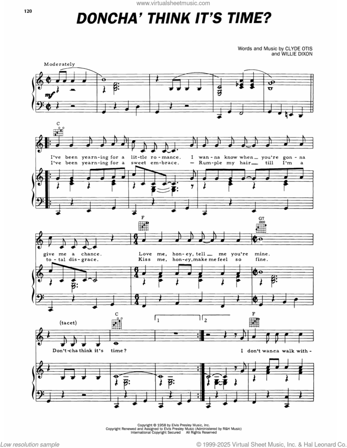 Doncha' Think It's Time? sheet music for voice, piano or guitar by Elvis Presley, Clyde Otis and Willie Dixon, intermediate skill level
