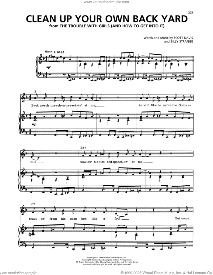 Clean Up Your Own Back Yard sheet music for voice, piano or guitar by Elvis Presley, Billy Strange and Scott Davis, intermediate skill level