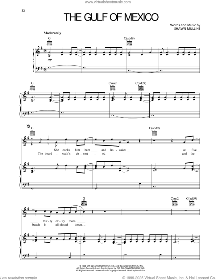 The Gulf Of Mexico sheet music for voice, piano or guitar by Shawn Mullins, intermediate skill level