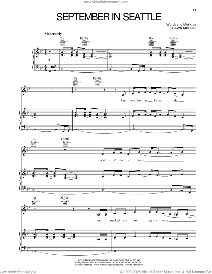 September In Seattle sheet music for voice, piano or guitar by Shawn Mullins, intermediate skill level