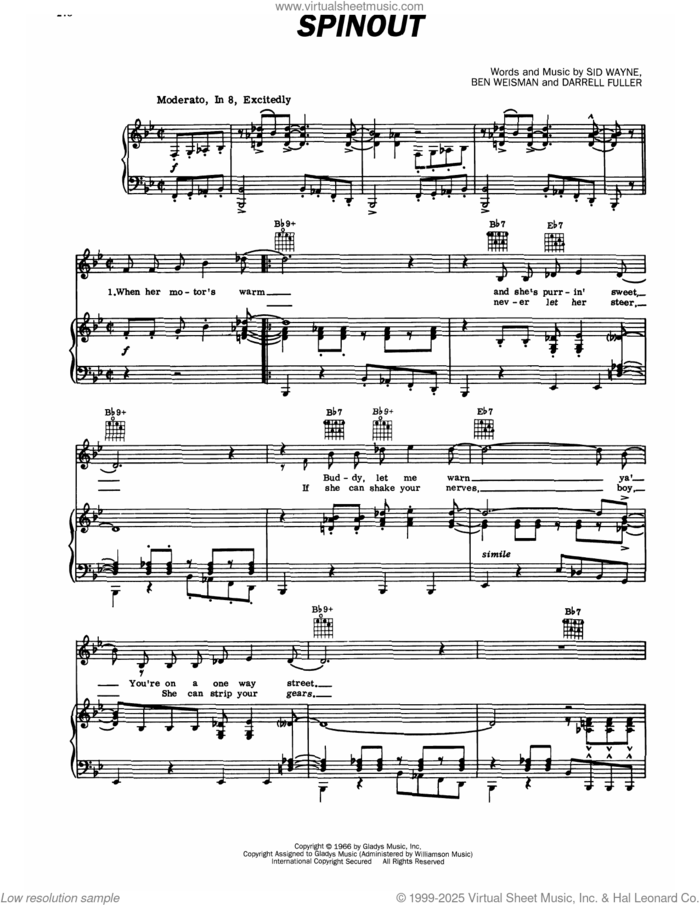 Spinout sheet music for voice, piano or guitar by Elvis Presley, Ben Weisman, Darrell Fuller and Sid Wayne, intermediate skill level