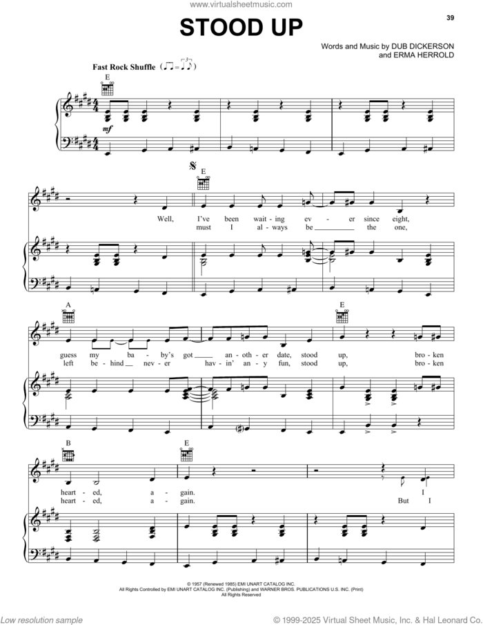 Stood Up sheet music for voice, piano or guitar by Ricky Nelson, Dub Dickerson and Erma Herrold, intermediate skill level