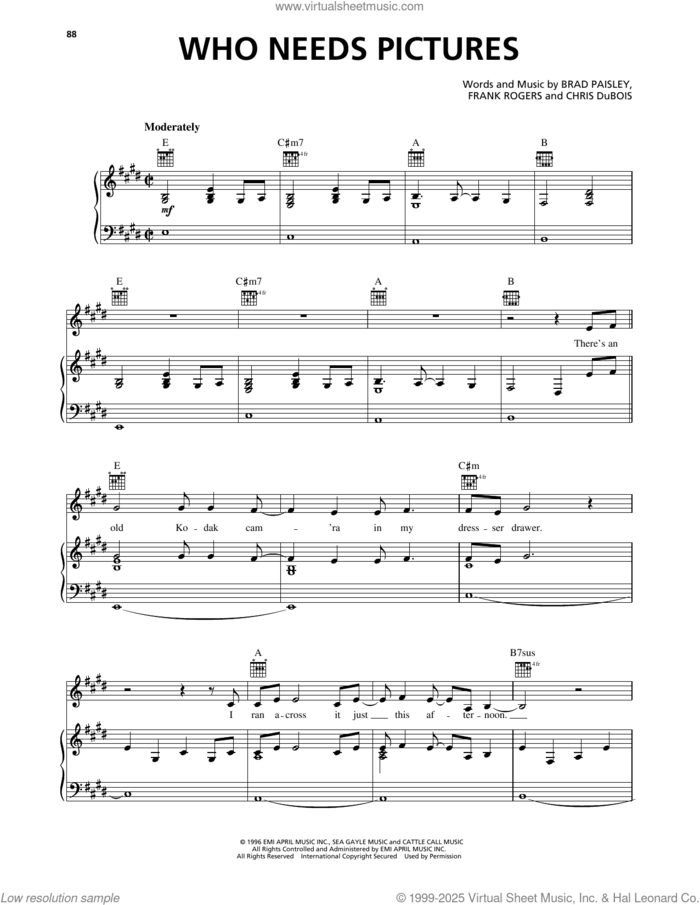 Who Needs Pictures sheet music for voice, piano or guitar by Brad Paisley, Chris DuBois and Frank Rogers, intermediate skill level