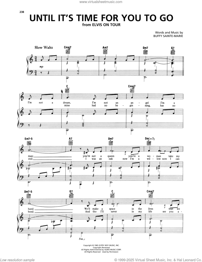 Until It's Time For You To Go sheet music for voice, piano or guitar by Elvis Presley and Buffy Sainte-Marie, intermediate skill level