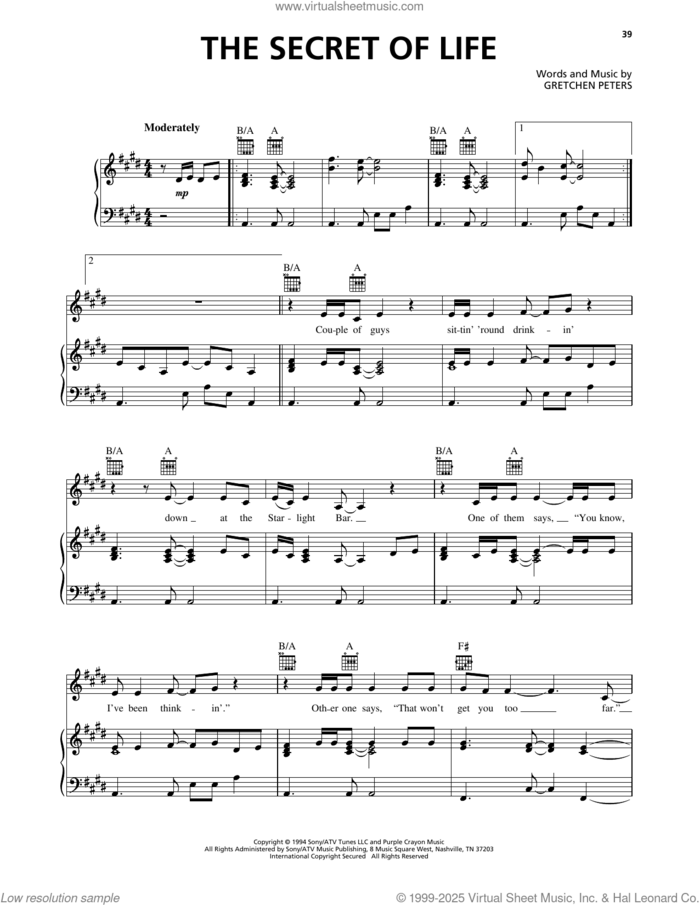 The Secret Of Life sheet music for voice, piano or guitar by Gretchen Peters, intermediate skill level