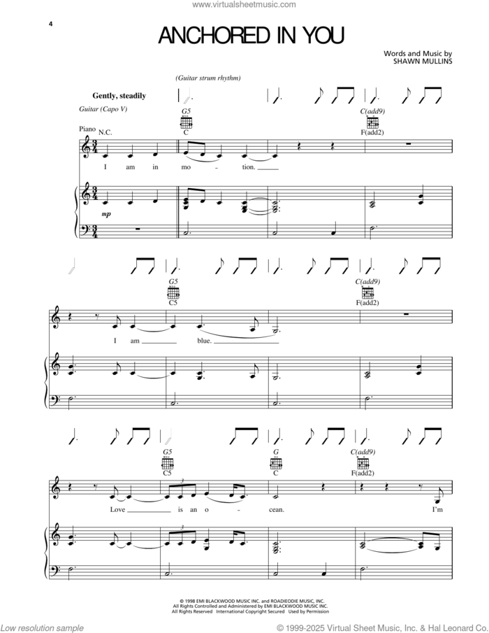 Anchored In You sheet music for voice, piano or guitar by Shawn Mullins, intermediate skill level
