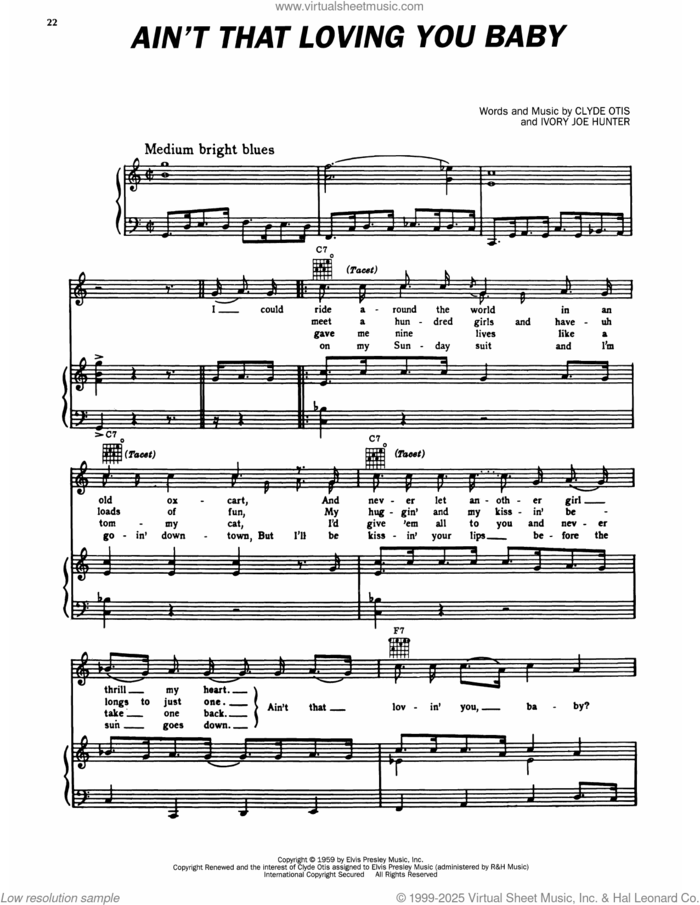 Ain't That Loving You Baby sheet music for voice, piano or guitar by Elvis Presley, Clyde Otis and Ivory Joe Hunter, intermediate skill level