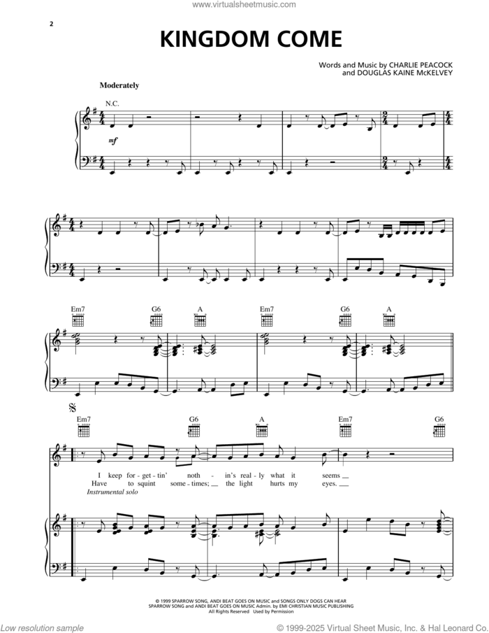 Kingdom Come sheet music for voice, piano or guitar by Charlie Peacock and Douglas Kaine McKelvey, intermediate skill level