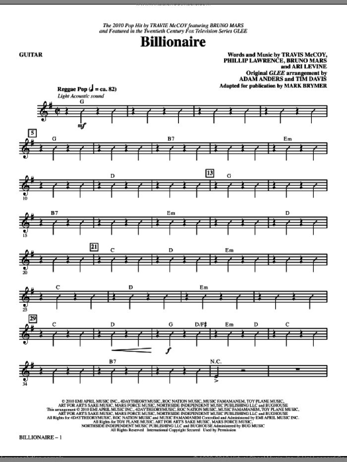 Billionaire (complete set of parts) sheet music for orchestra/band (Rhythm) by Bruno Mars, Ari Levine, Philip Lawrence, Travis McCoy, Adam Anders, Glee Cast, Mark Brymer, Miscellaneous, Tim Davis and Travie McCoy featuring Bruno Mars, intermediate skill level