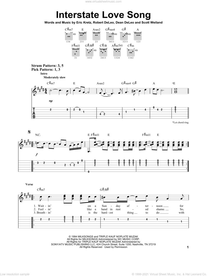 Interstate Love Song sheet music for guitar solo (easy tablature) by Stone Temple Pilots, Dean De Leo, Eric Kretz, Robert De Leo and Scott Weiland, easy guitar (easy tablature)