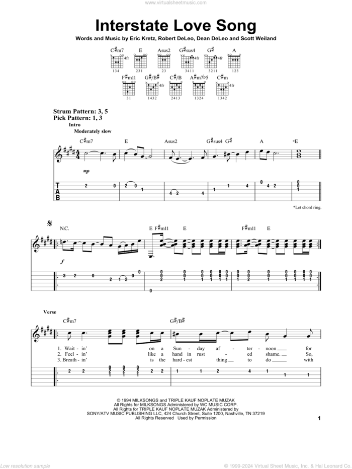 Interstate Love Song sheet music for guitar solo (easy tablature) by Stone Temple Pilots, Dean De Leo, Eric Kretz, Robert De Leo and Scott Weiland, easy guitar (easy tablature)