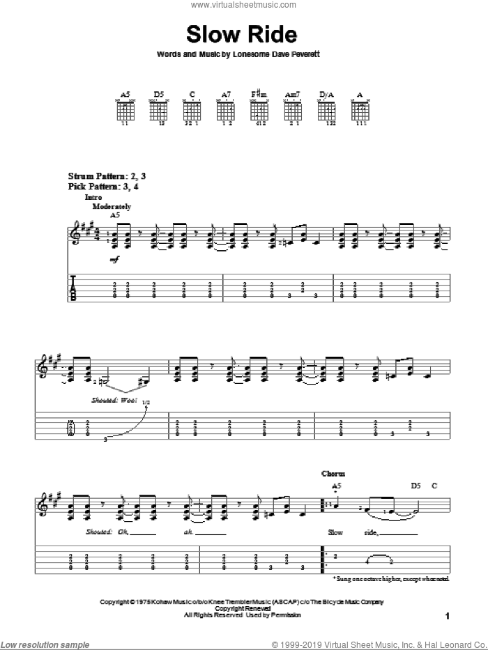 Slow Ride sheet music for guitar solo (easy tablature) by Foghat and Lonesome Dave Peverett, easy guitar (easy tablature)
