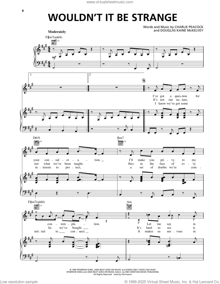 Wouldn't It Be Strange sheet music for voice, piano or guitar by Charlie Peacock and Douglas Kaine McKelvey, intermediate skill level