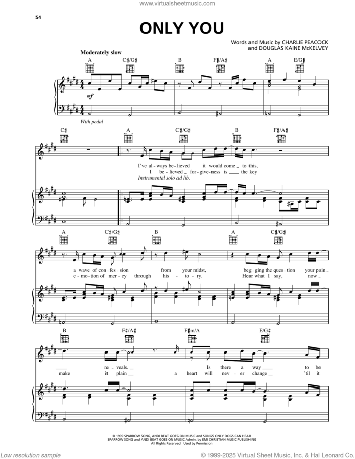 Only You sheet music for voice, piano or guitar by Charlie Peacock and Douglas Kaine McKelvey, intermediate skill level
