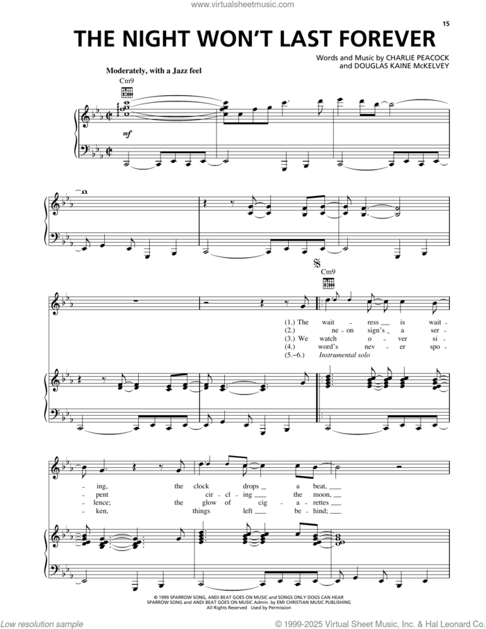 The Night Won't Last Forever sheet music for voice, piano or guitar by Charlie Peacock and Douglas Kaine McKelvey, intermediate skill level