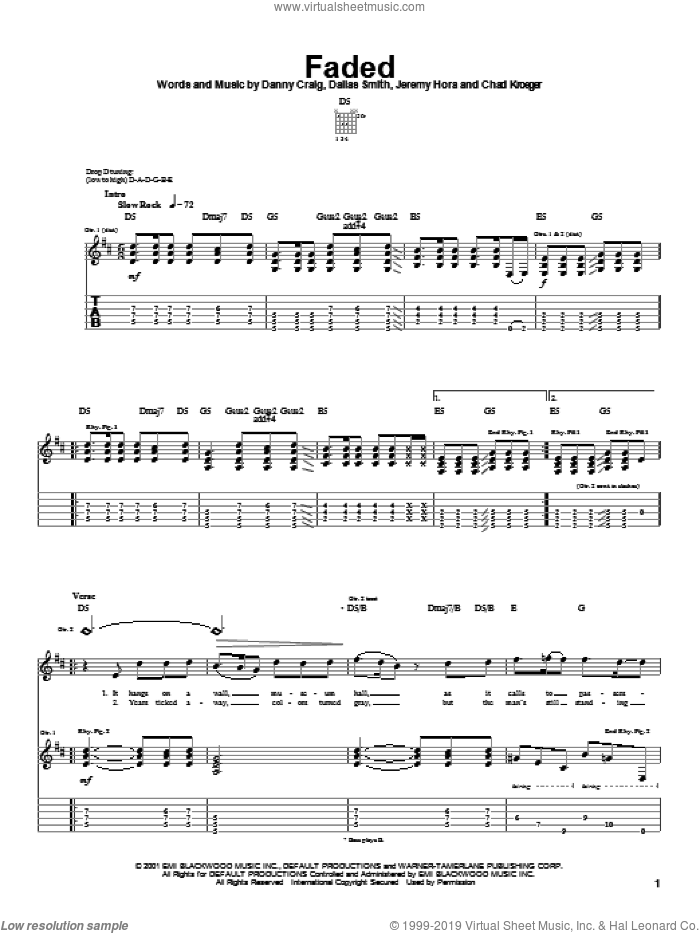 Faded sheet music for guitar (tablature) by Default, Chad Kroeger, Dallas Smith and Danny Craig, intermediate skill level