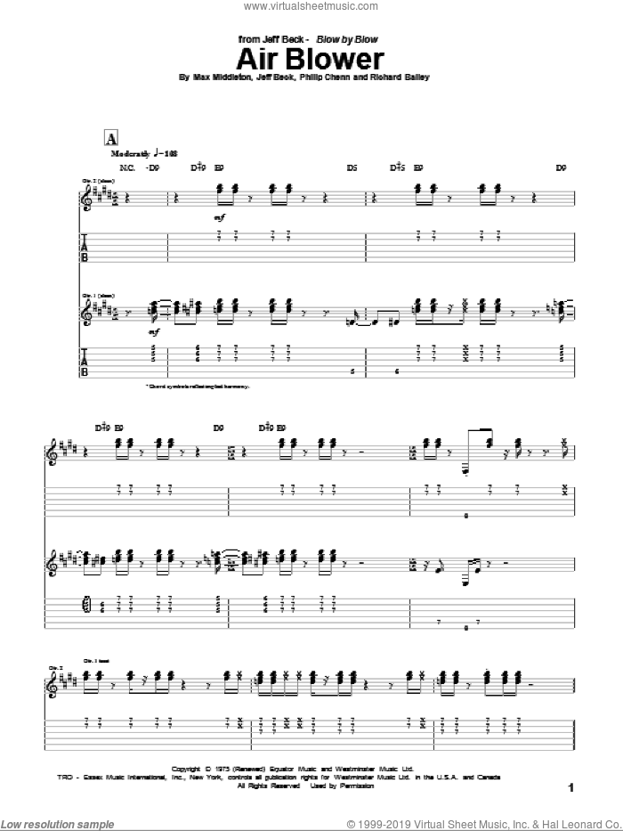 Air Blower sheet music for guitar (tablature) by Jeff Beck, Max Middleton, Philip Chen and Richard Bailey, intermediate skill level