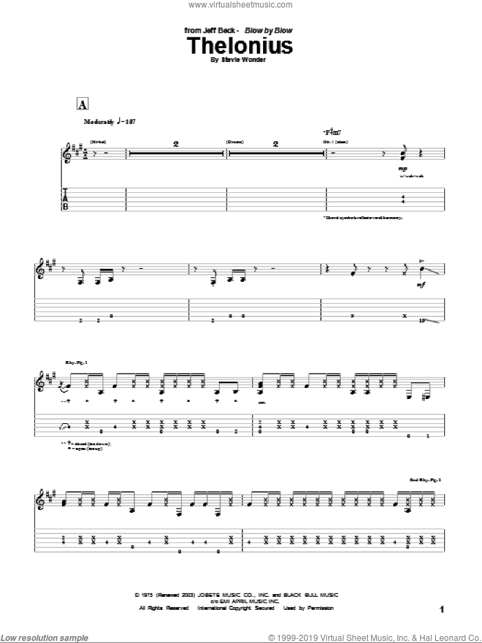 Thelonius sheet music for guitar (tablature) by Jeff Beck and Stevie Wonder, intermediate skill level