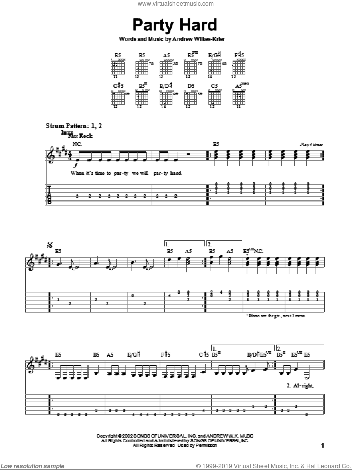 Party Hard sheet music for guitar solo (easy tablature) by Andrew W.K. and Andrew Wilkes-Krier, easy guitar (easy tablature)
