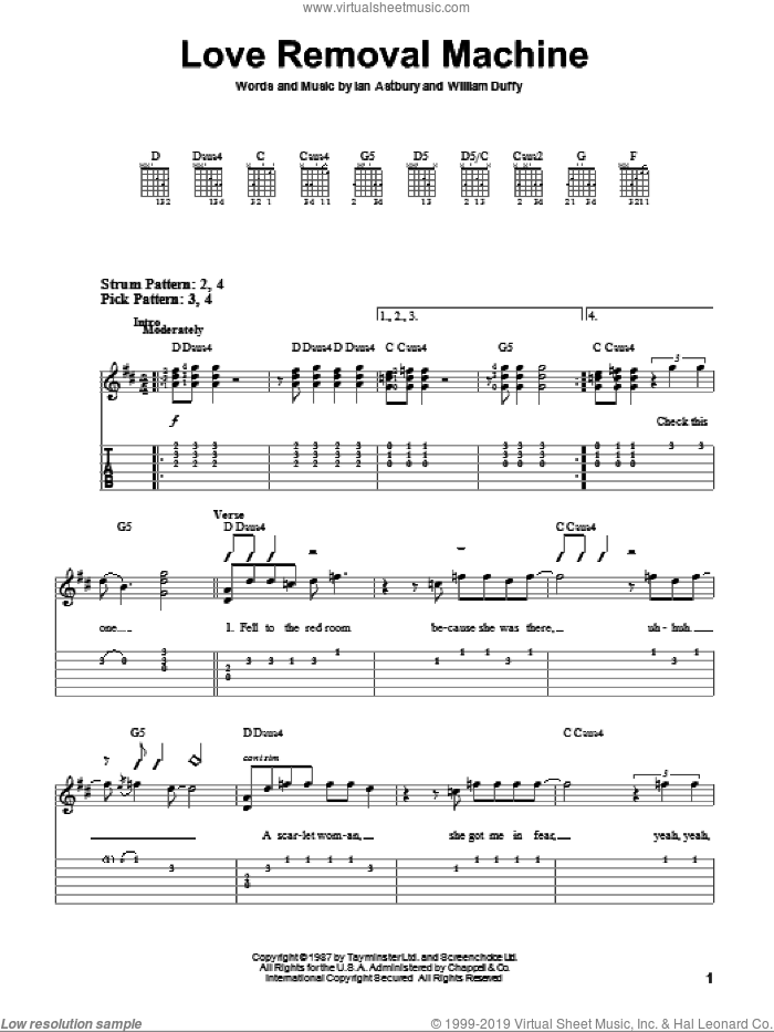 Love Removal Machine sheet music for guitar solo (easy tablature) by The Cult, Ian Astbury and William Duffy, easy guitar (easy tablature)
