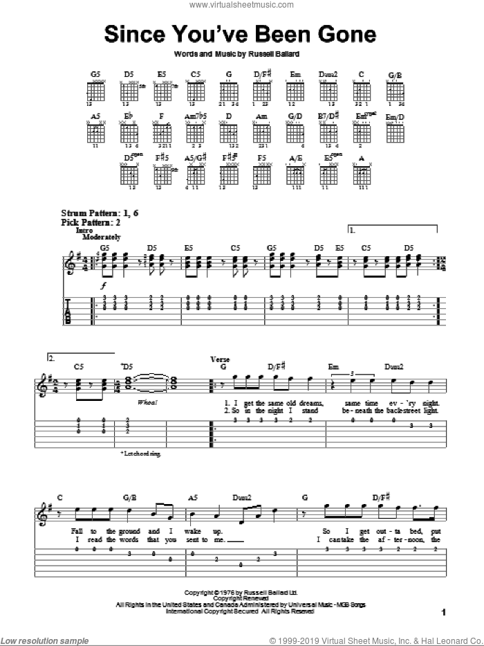 Since You've Been Gone sheet music for guitar solo (easy tablature) by Rainbow and Russ Ballard, easy guitar (easy tablature)