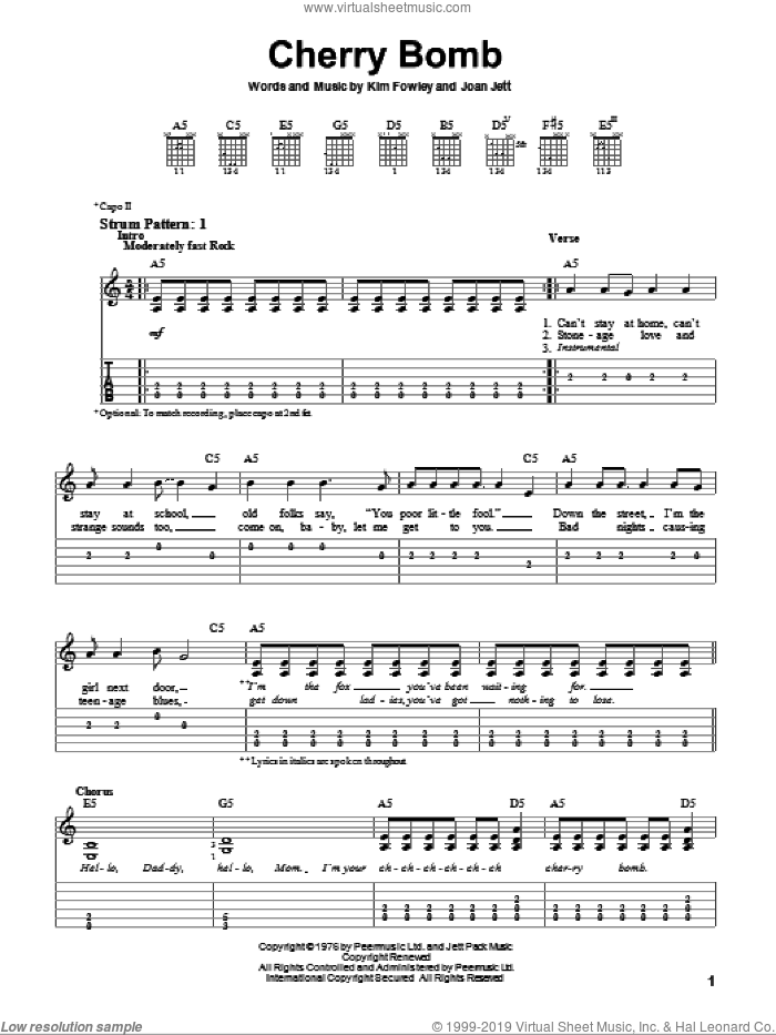 Cherry Bomb sheet music for guitar solo (easy tablature) by Joan Jett and Kim Fowley, easy guitar (easy tablature)