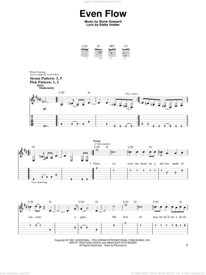 Even Flow sheet music for guitar solo (easy tablature) by Pearl Jam, Eddie Vedder and Stone Gossard, easy guitar (easy tablature)