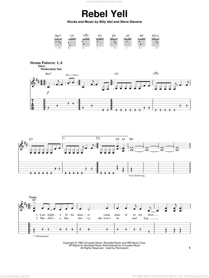 Rebel Yell sheet music for guitar solo (easy tablature) by Billy Idol and Steve Stevens, easy guitar (easy tablature)