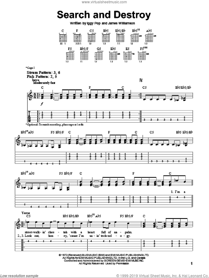 Search And Destroy sheet music for guitar solo (easy tablature) by The Stooges, Iggy Pop and James Williamson, easy guitar (easy tablature)