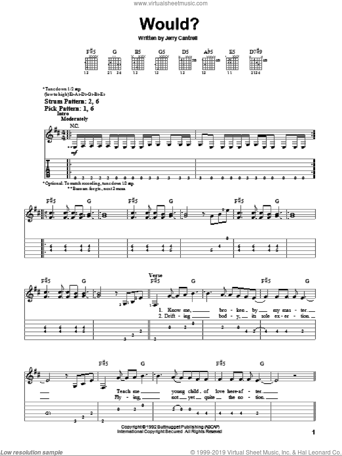 Would? sheet music for guitar solo (easy tablature) by Alice In Chains and Jerry Cantrell, easy guitar (easy tablature)