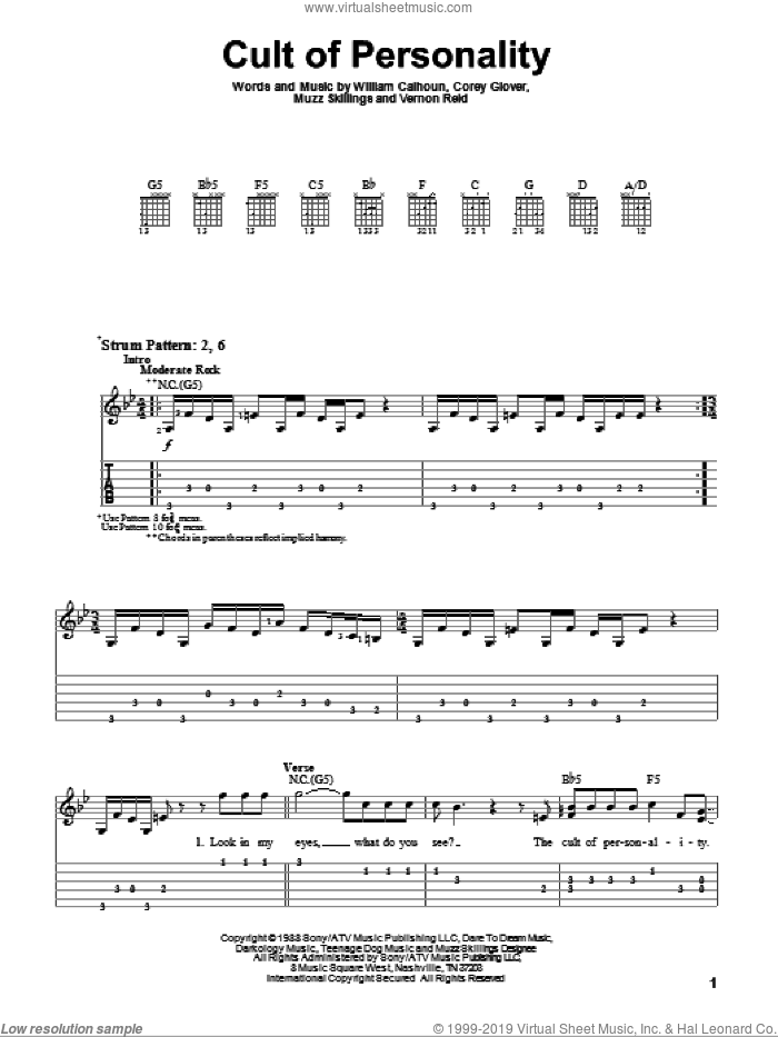 Cult Of Personality sheet music for guitar solo (easy tablature) by Living Colour, Corey Glover, Manuel Skillings, Vernon Reid and Will Calhoun, easy guitar (easy tablature)