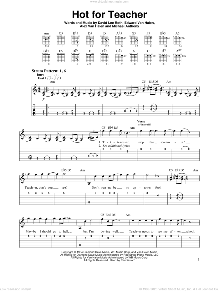 Hot For Teacher sheet music for guitar solo (easy tablature) by Edward Van Halen, Alex Van Halen, David Lee Roth and Michael Anthony, easy guitar (easy tablature)