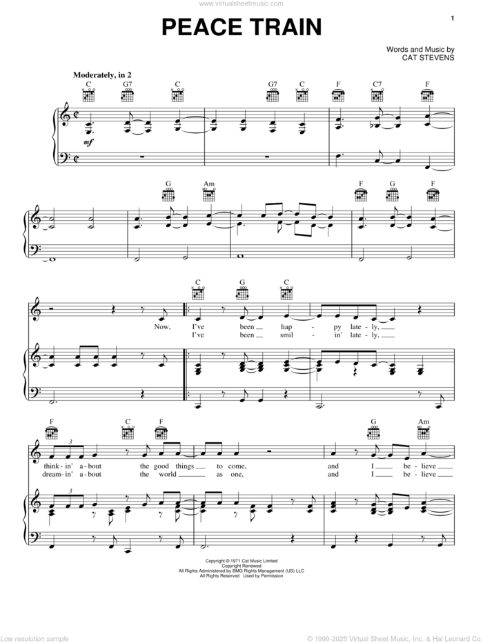 Peace Train sheet music for voice, piano or guitar by Cat Stevens, intermediate skill level